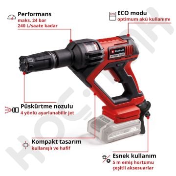 Einhell Hypresso 18/24-1 Lİ Akülü Basınçlı Yıkama Tabancası 2.5Ah Çift Akülü