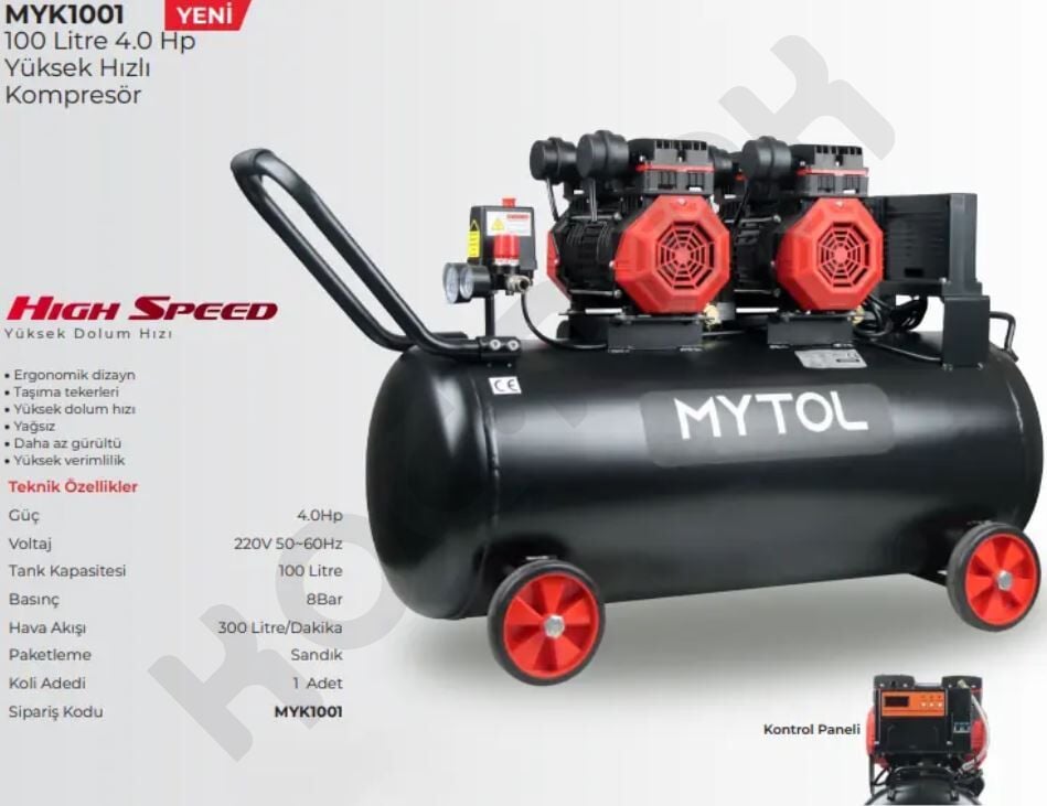Mytol 100 Lt Yağsız Yüksek Hızlı Dolum Hava Kompresörü 4 HP